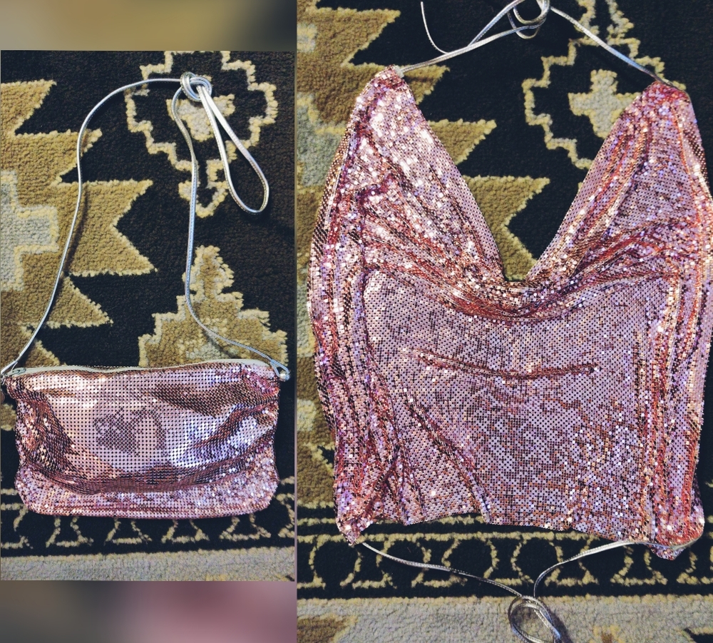 SOLD!! 2 Pc Vintage Whiting Davis Pink Mesh Chainmail Halter Top & Handbag Set
